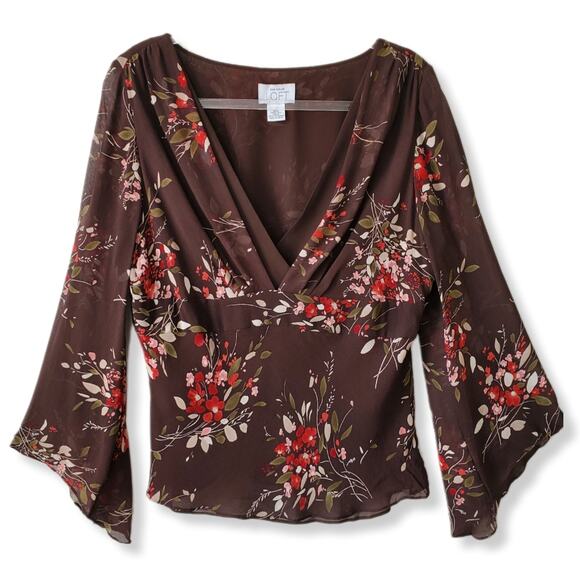 Women 90s Y2K Nature Fairy Goblincore Silk Blouse Top M  Brown Floral Sheer - Picture 14 of 14